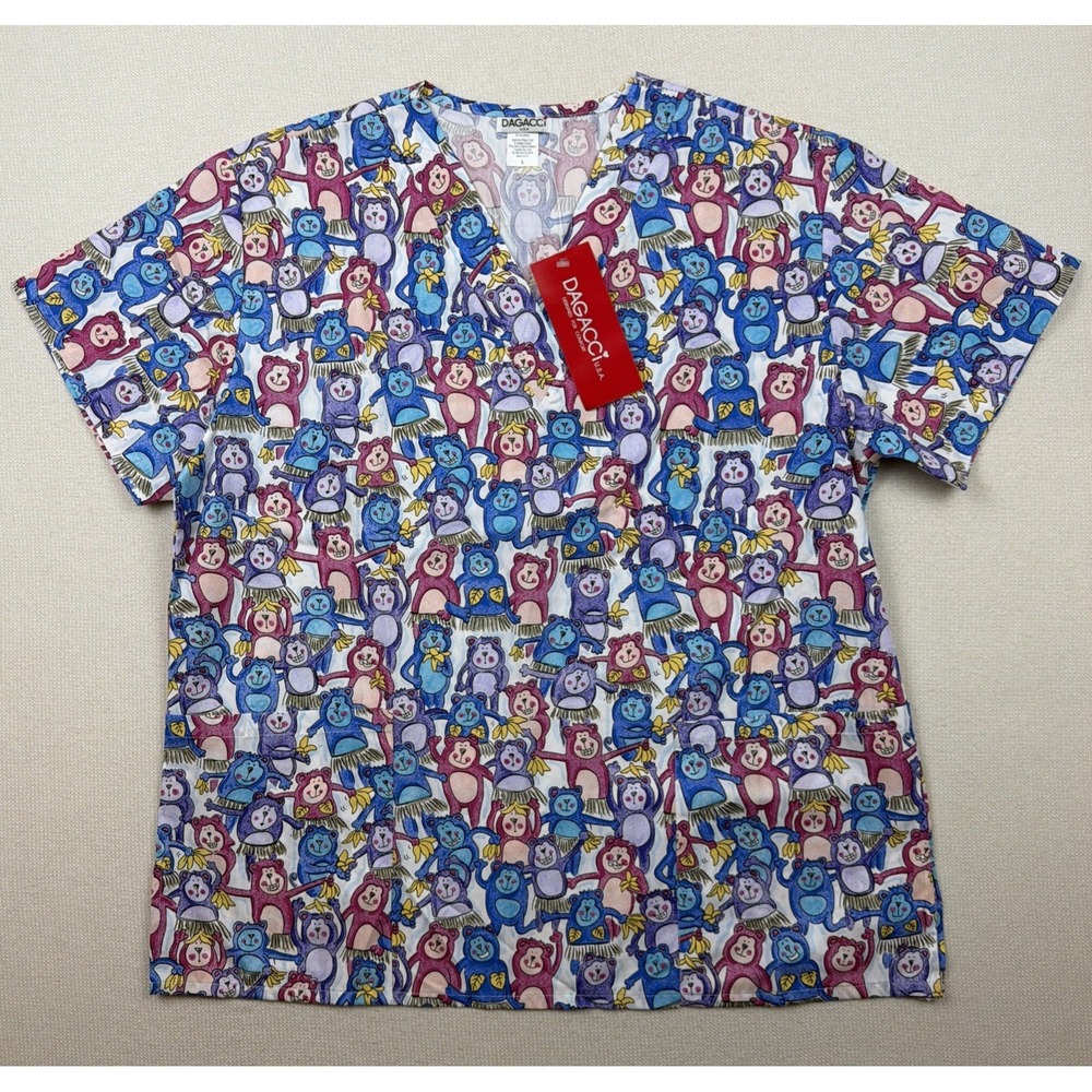New Dagacci U.S.A. Scrub Top Shirt Uniform Monkey Size‎ L NWT Multi Color - Picture 10 of 10